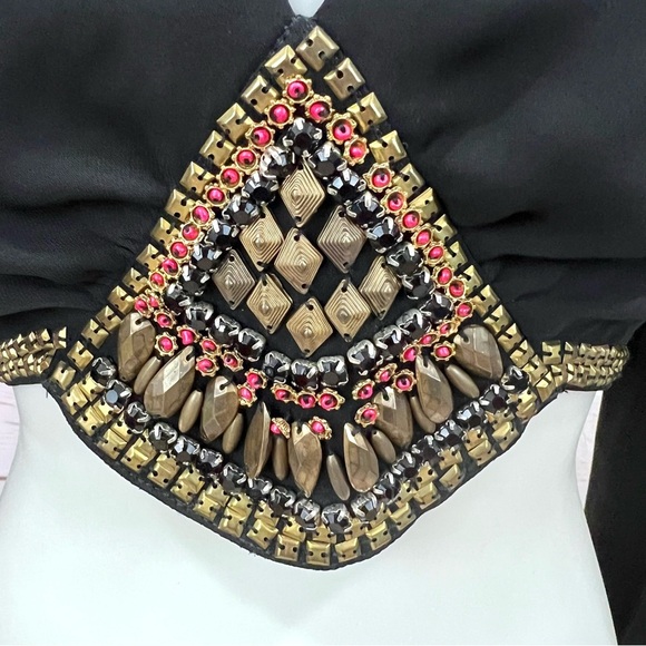 Bebe Boho Long Puffy Sleeved Black Beaded Embellished Crop Top - Picture 7 of 13